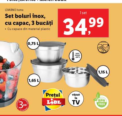 Set boluri inox, cu capac, 3 bucăți