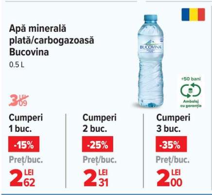 Apă minerală plată/carbogazoasă Bucovina 0.5 L