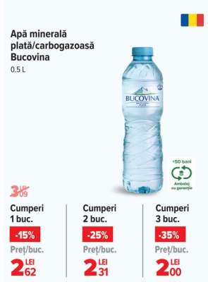 Apă minerală plată/carbogazoasă Bucovina 0.5 L