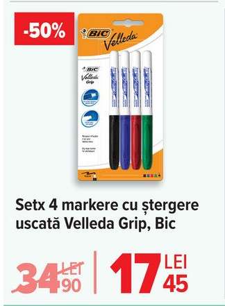 Setx 4 markere cu ștergere uscată Velleda Grip, Bic