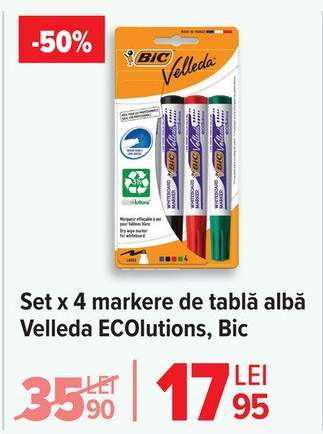 Set x 4 markere de tablă albă Velleda ECOlutions, Bic