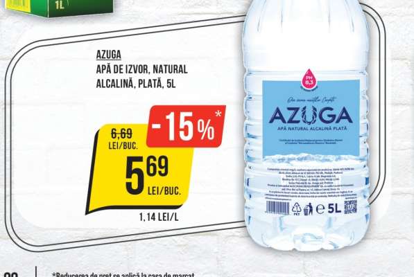 AZUGA Apă de izvor, natural alcalină, plată, 5L