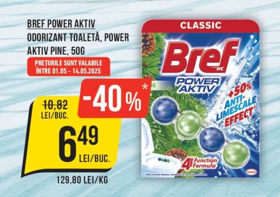 Bref Power Aktiv Odorizant Toaletă, Power Aktiv Pine, 50g